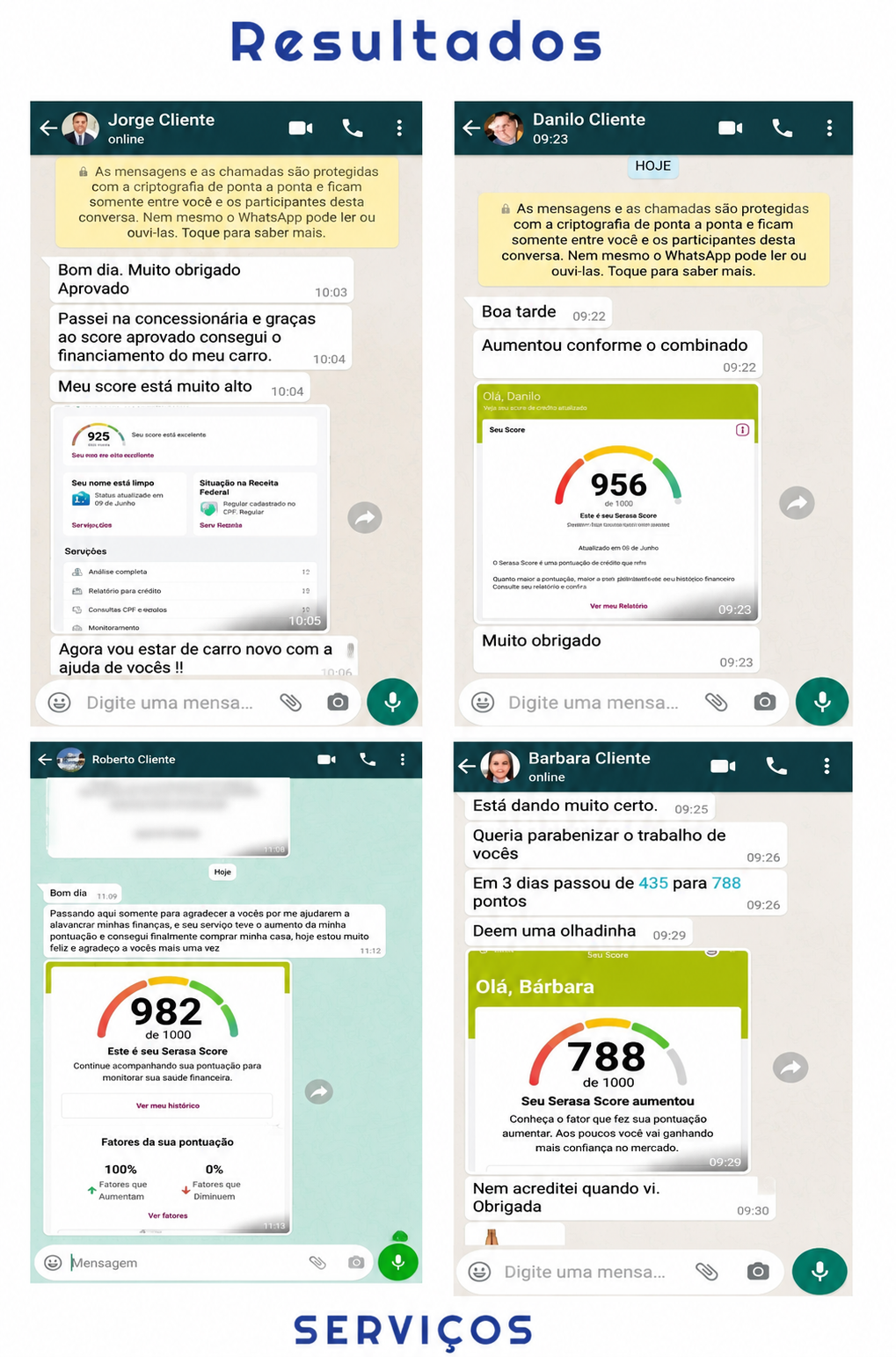 Resultados — depoimentos de clientes no WhatsApp